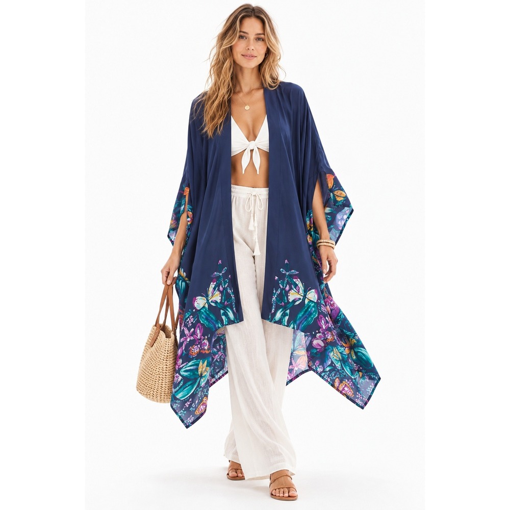 Soma Navy Floral Butterfly Kimono Robe Duster OS Boho Tropical Resort Lagenlook